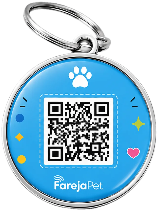 Tag FarejaPet azul, de resina e metal, com QR Code