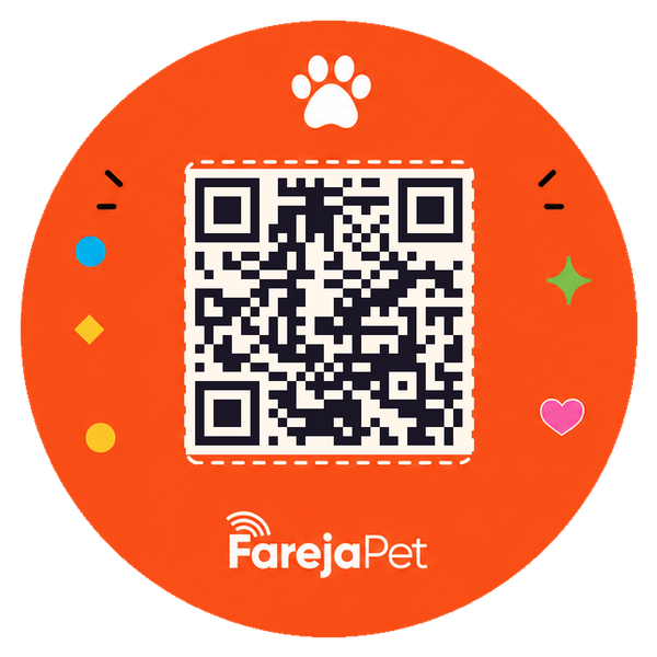 Arte da tag FarejaPet Fareja Orange com o QR do pet
