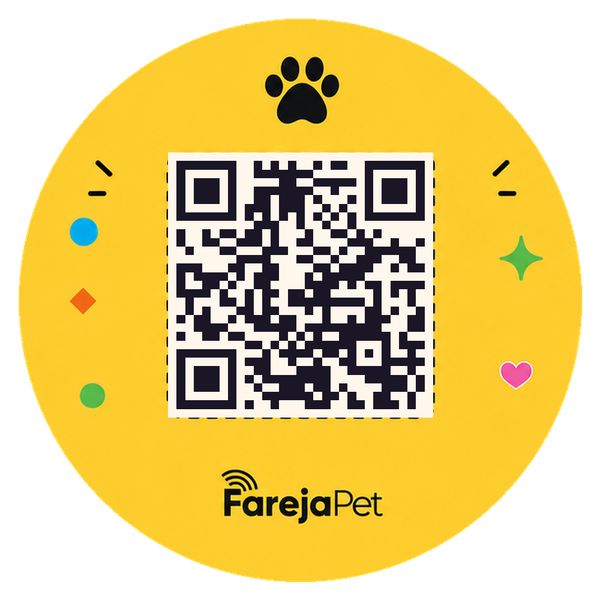 Arte da tag FarejaPet Sun com o QR do pet